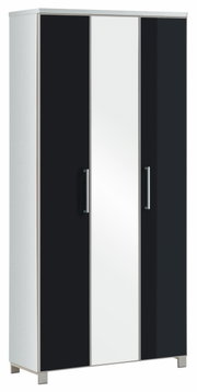 Moderner XL-Dielenschrank mit drei Türen, davon eine mit Spiegel, in einer schrägen Perspektive.