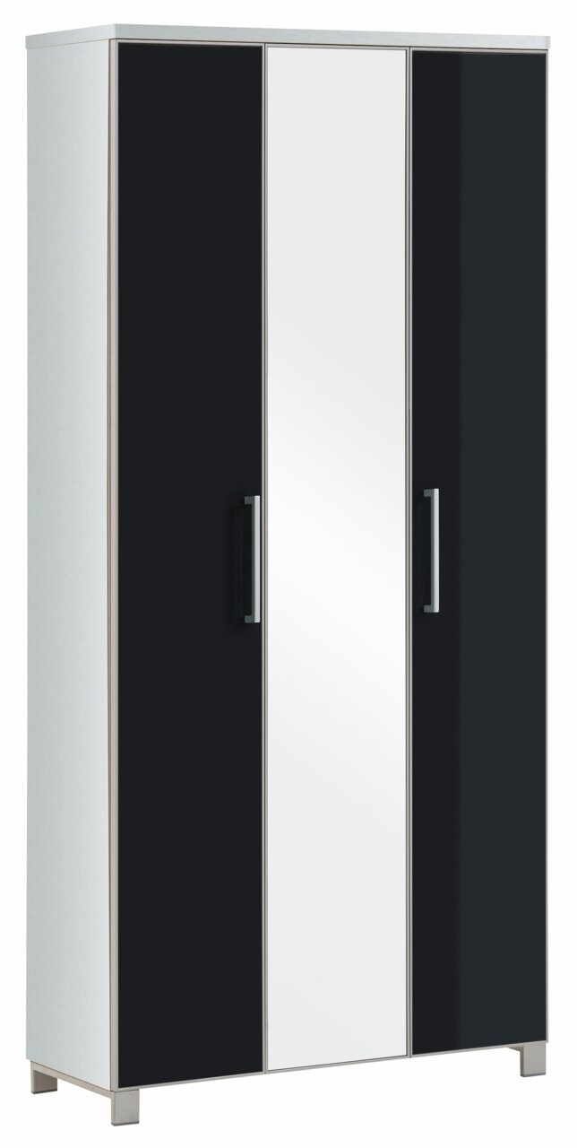 Moderner XL-Dielenschrank mit drei Türen, davon eine mit Spiegel, in einer schrägen Perspektive.