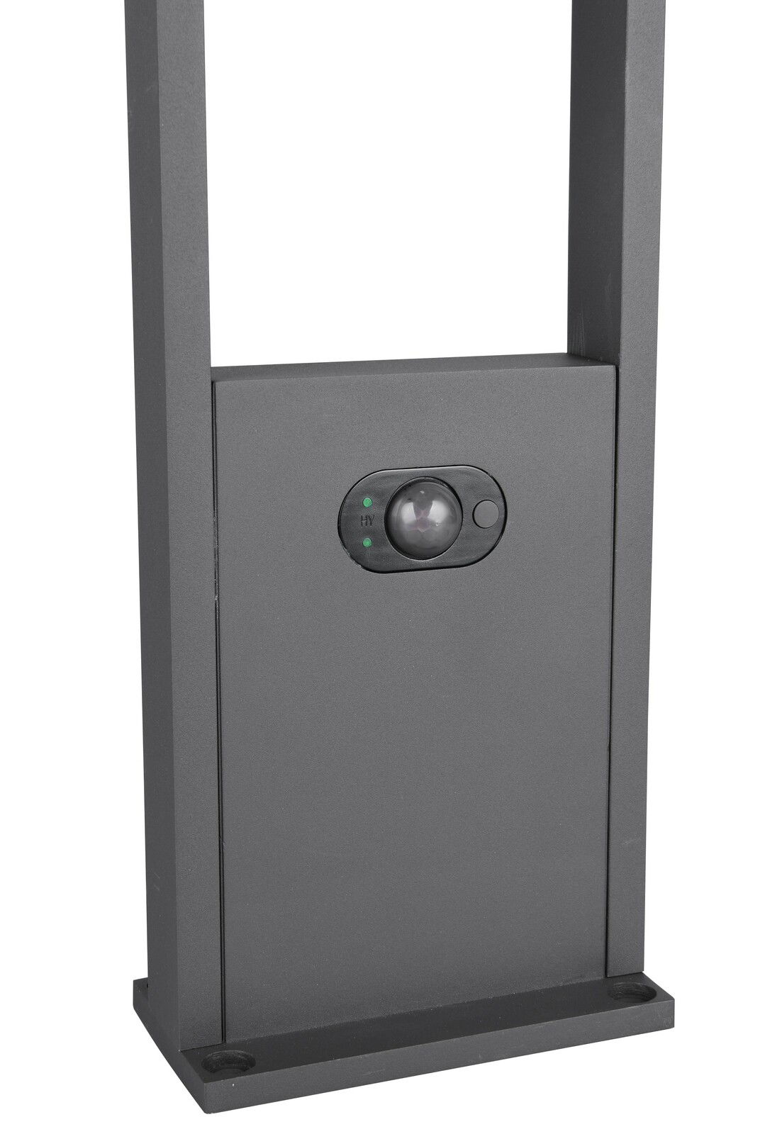 Nahaufnahme eines modernen, grauen Pfostens mit integriertem Sensor, frontal betrachtet.