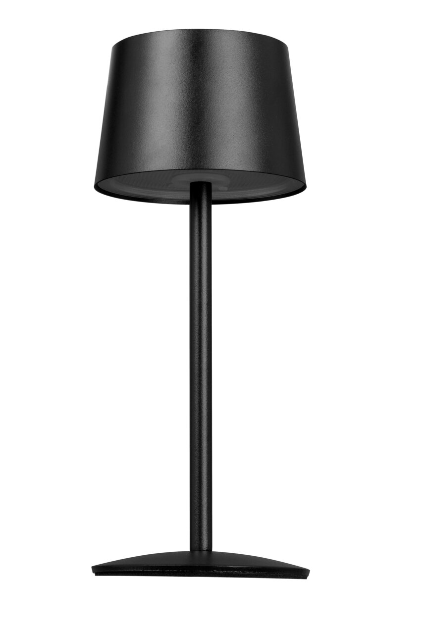 Zwarte accu-tafellamp in vooraanzicht met een modern, minimalistisch ontwerp.