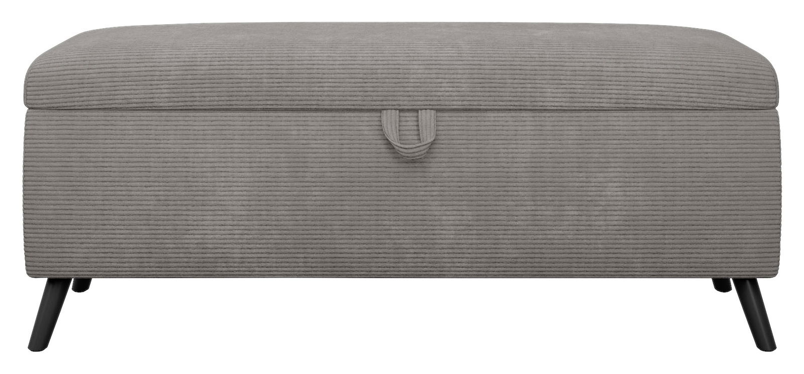 Graue Bettbank mit geripptem Stoffbezug und schwarzen Beinen, Frontalansicht