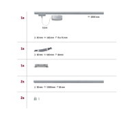 Startset met diverse onderdelen, waaronder een profiel van 1000 mm lang, een kabel van 0,6 m, een verbindingsstuk en bevestigingsmateriaal. Perspectief: bovenaanzicht van de afzonderlijke onderdelen.