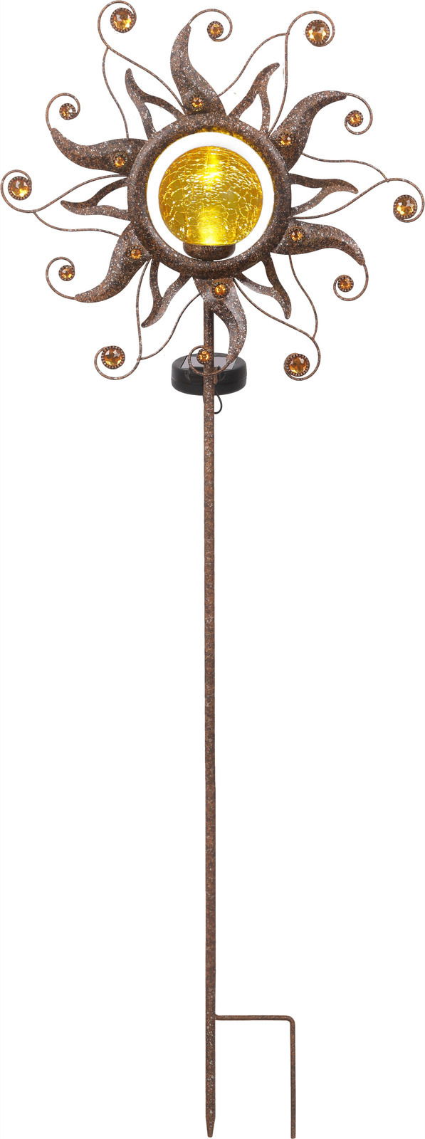 Dekorative Solarleuchte in Sonnenform mit gelbem Leuchtmittel, frontal abgebildet.