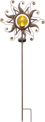 Dekorative Solarleuchte in Sonnenform mit gelbem Leuchtmittel, frontal abgebildet.