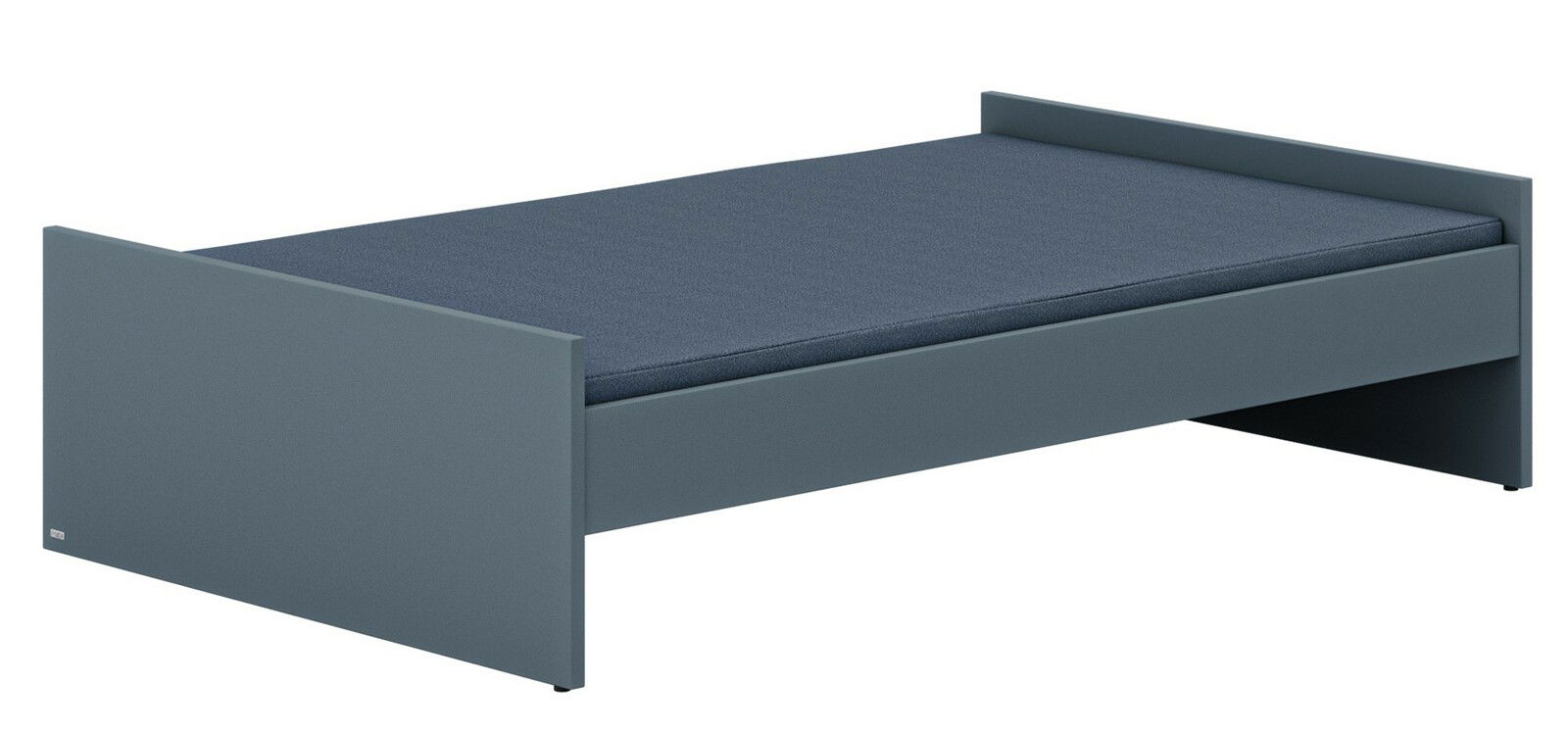 Graues Bodenbett mit einfacher, moderner Gestaltung, seitliche Perspektive