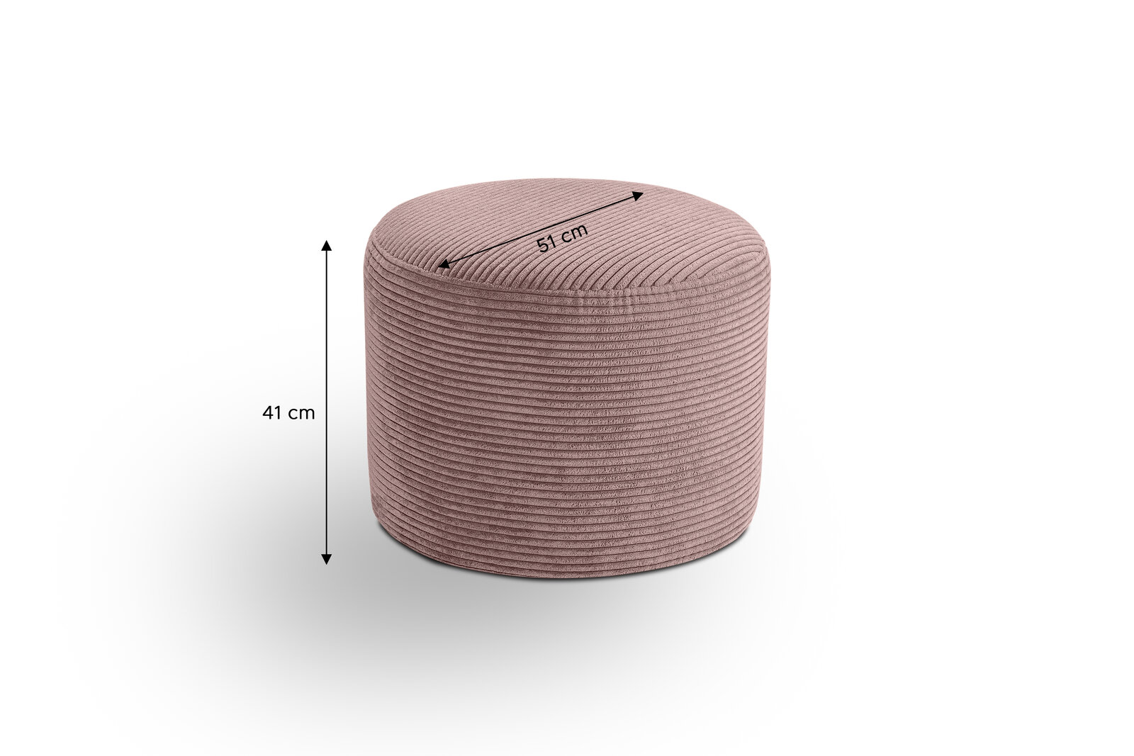 Runder, roséfarbener Cord-Sitzpouf/Hocker mit gerippter Struktur, Maße ca. 51 cm Durchmesser und 41 cm Höhe, freigestellt auf weißem Hintergrund, Perspektive: leicht von oben in Frontansicht