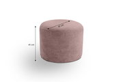 Runder, roséfarbener Cord-Sitzpouf/Hocker mit gerippter Struktur, Maße ca. 51 cm Durchmesser und 41 cm Höhe, freigestellt auf weißem Hintergrund, Perspektive: leicht von oben in Frontansicht