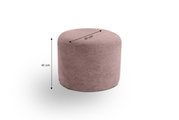 Runder, roséfarbener Cord-Sitzpouf/Hocker mit gerippter Struktur, Maße ca. 51 cm Durchmesser und 41 cm Höhe, freigestellt auf weißem Hintergrund, Perspektive: leicht von oben in Frontansicht