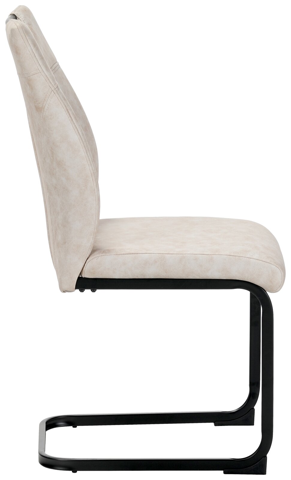 Seitenansicht eines modernen Schwingstuhls mit beigem Polster und schwarzem Metallgestell.