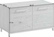 Garderobenbank aus der Serie VEDO von VOSS in Holzoptik, Maße: 86 cm Breite, 40 cm Tiefe, 47 cm Höhe, frontale Perspektive.