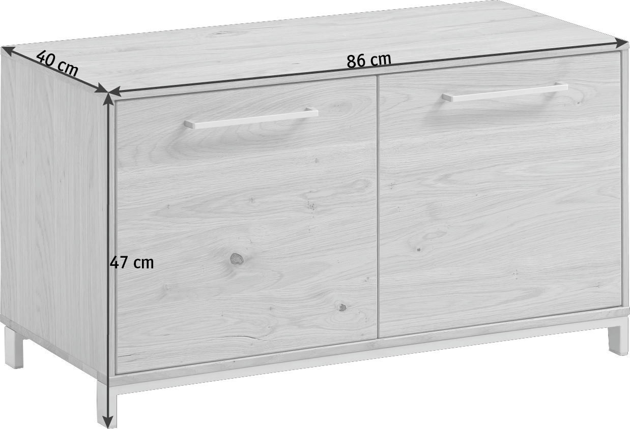 Garderobenbank aus der Serie VEDO von VOSS in Holzoptik, Maße: 86 cm Breite, 40 cm Tiefe, 47 cm Höhe, frontale Perspektive.