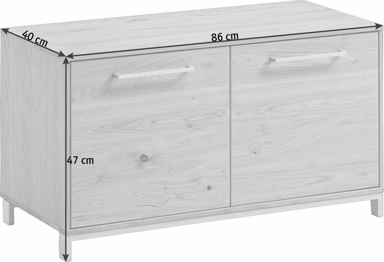 Garderobenbank aus der Serie VEDO von VOSS in Holzoptik, Maße: 86 cm Breite, 40 cm Tiefe, 47 cm Höhe, frontale Perspektive.