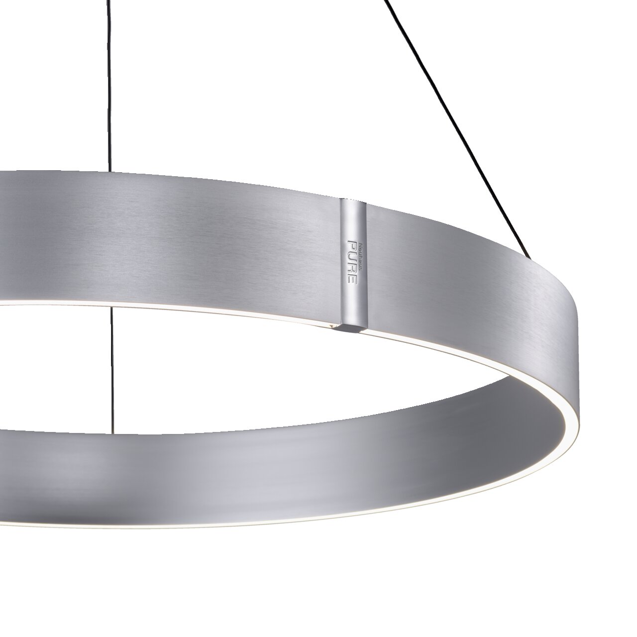 Moderne, runde Pendelleuchte PURE E-CLIPSE aus gebürstetem Metall, seitliche Perspektive