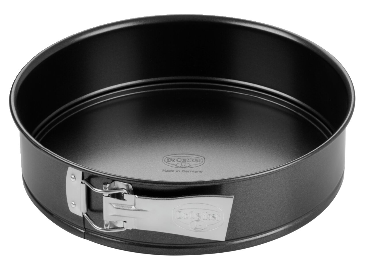 Zwarte springvorm van 28 cm met zilveren sluiting, bovenaanzicht