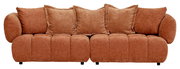Großes, gemütliches Big-Sofa in braunem Stoff mit mehreren Kissen, Frontalansicht.