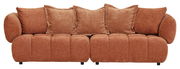 Großes, gemütliches Big-Sofa in braunem Stoff mit mehreren Kissen, Frontalansicht.