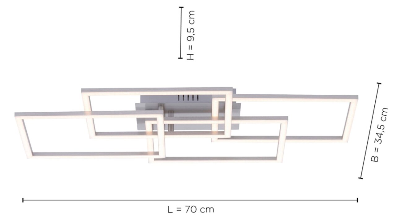 Moderne plafondlamp IVEN met een geometrisch ontwerp, zijaanzicht, afmetingen: L 70 cm, B 34,5 cm, H 9,5 cm.