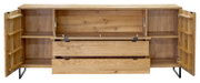 Open houten dressoir/sideboard met twee openstaande deuren, twee lades en een open klepcompartiment, met legplanken en zwarte metalen poten, frontaal aanzicht.