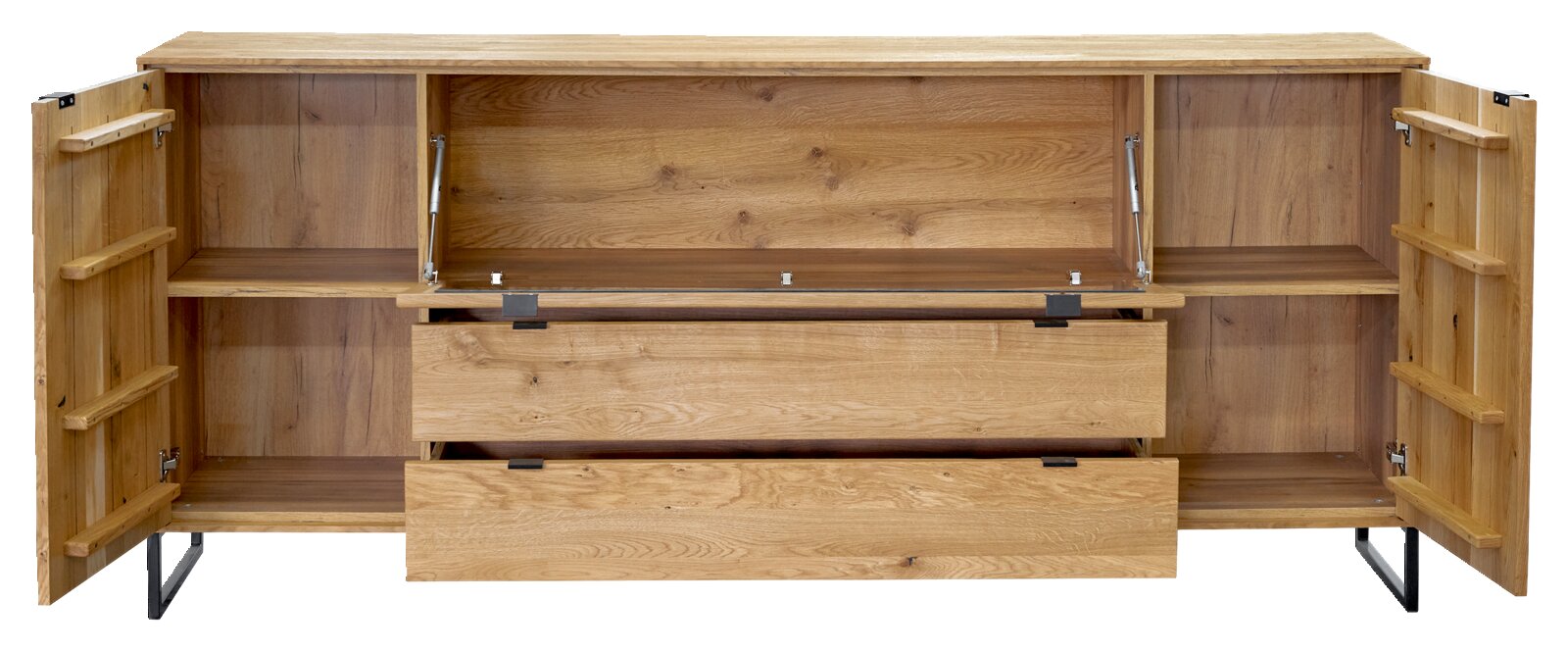 Open houten dressoir/sideboard met twee openstaande deuren, twee lades en een open klepcompartiment, met legplanken en zwarte metalen poten, frontaal aanzicht.