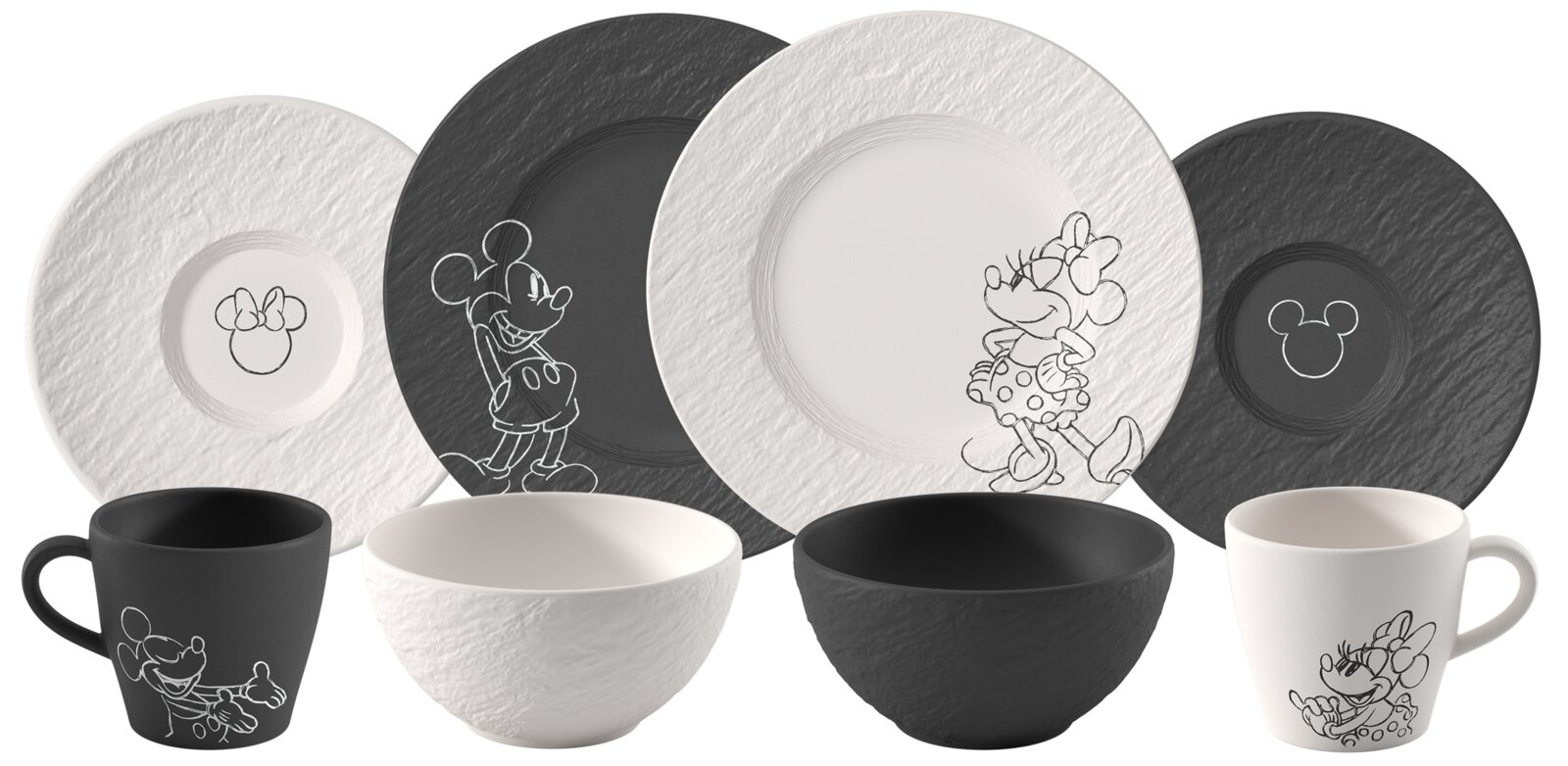 Villeroy & Boch Ontbijtset 8-delig MICKEY MOUSE Zwart-wit Disney-servies met gestructureerde borden, schalen en kopjes, versierd met lineaire Mickey- en Minnie Mouse-motieven; schuin vooraanzicht.