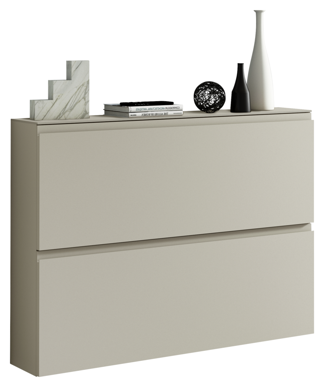Moderner Hängeschuhschrank 2K-T22 in Beige mit zwei Klappen, dekoriert mit Vasen und Büchern, seitliche Perspektive