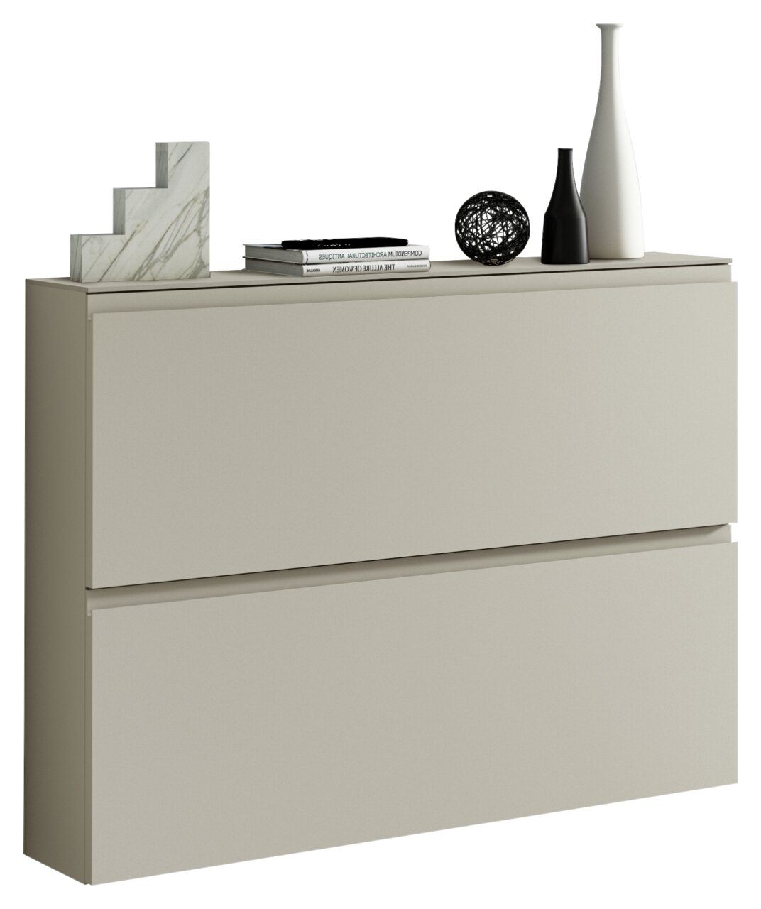 Moderano Hängeschuhschrank LECCO Moderner Hängeschuhschrank 2K-T22 in Beige mit zwei Klappen, dekoriert mit Vasen und Büchern, seitliche Perspektive