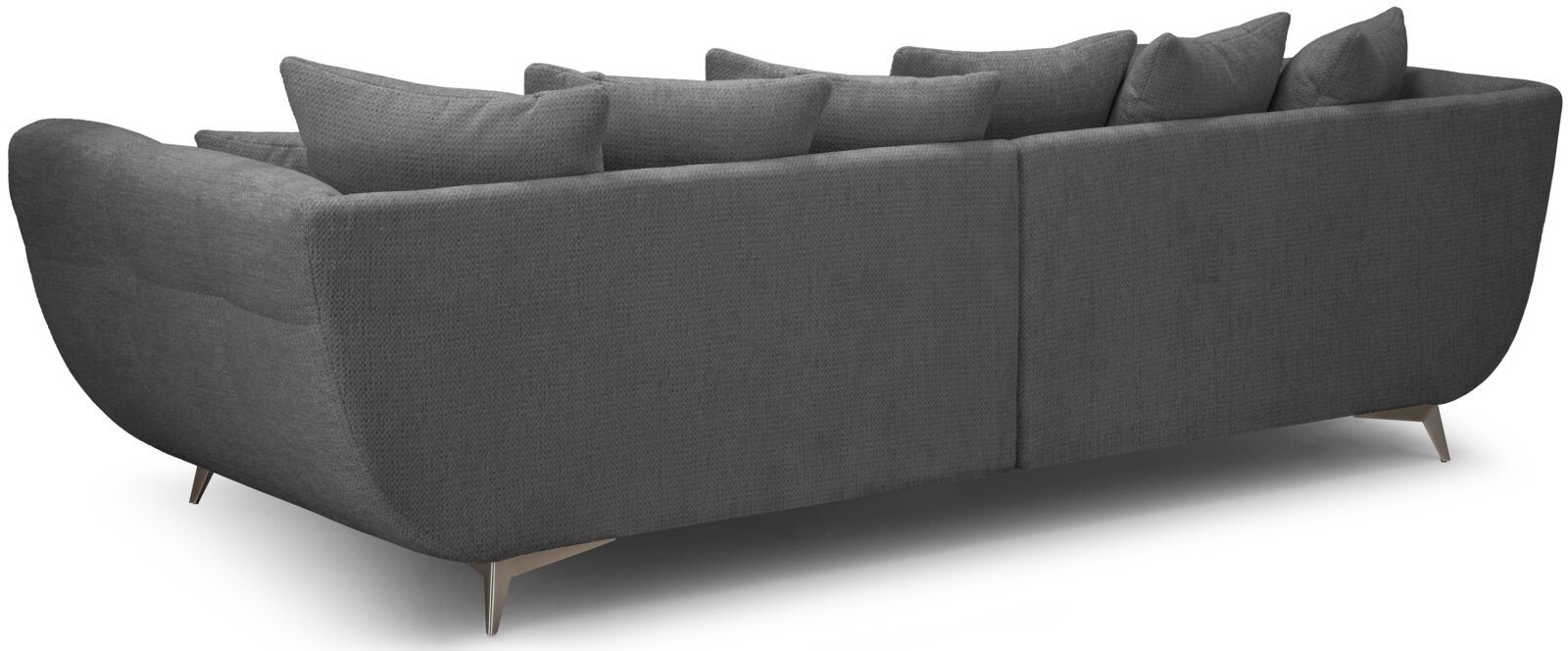 Rückansicht eines modernen grauen Stoff-Ecksofas mit mehreren Rückenkissen und schlanken Metallfüßen, freigestellt auf weißem Hintergrund