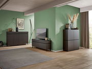 Modernes Wohnzimmer mit einem TV-Lowboard, einem Sideboard und einem Highboard in dunklem Holzdesign, seitliche Perspektive.