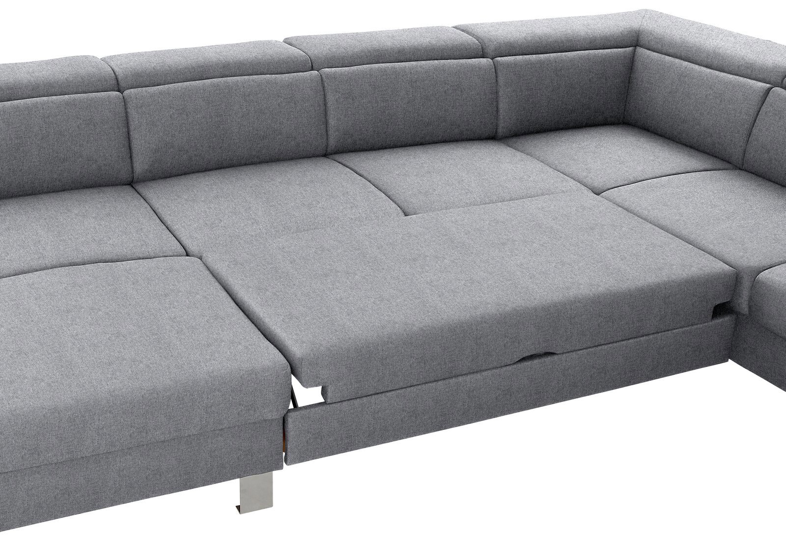 Graues Ecksofa mit Bettfunktion, Perspektive von oben.