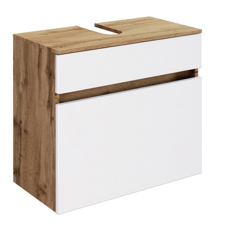 Moderner Waschbeckenunterschrank in Holzoptik mit weißer Front, seitliche Perspektive