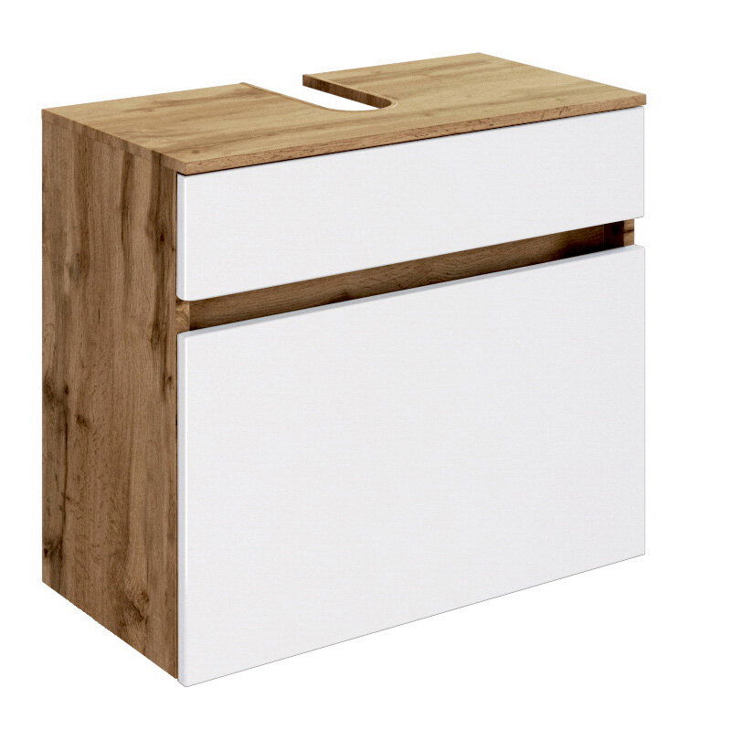 XORA Waschbeckenunterschrank LUCCA Moderner Waschbeckenunterschrank in Holzoptik mit weißer Front, seitliche Perspektive