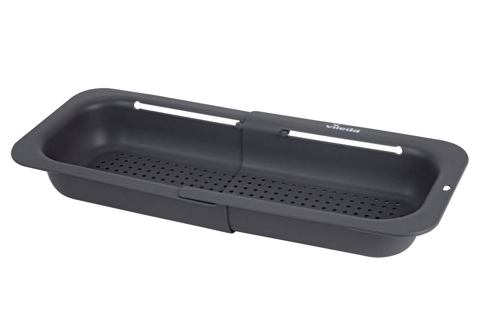 Schwarzes, ausziehbares Abtropfsieb in rechteckiger Form, seitliche Perspektive