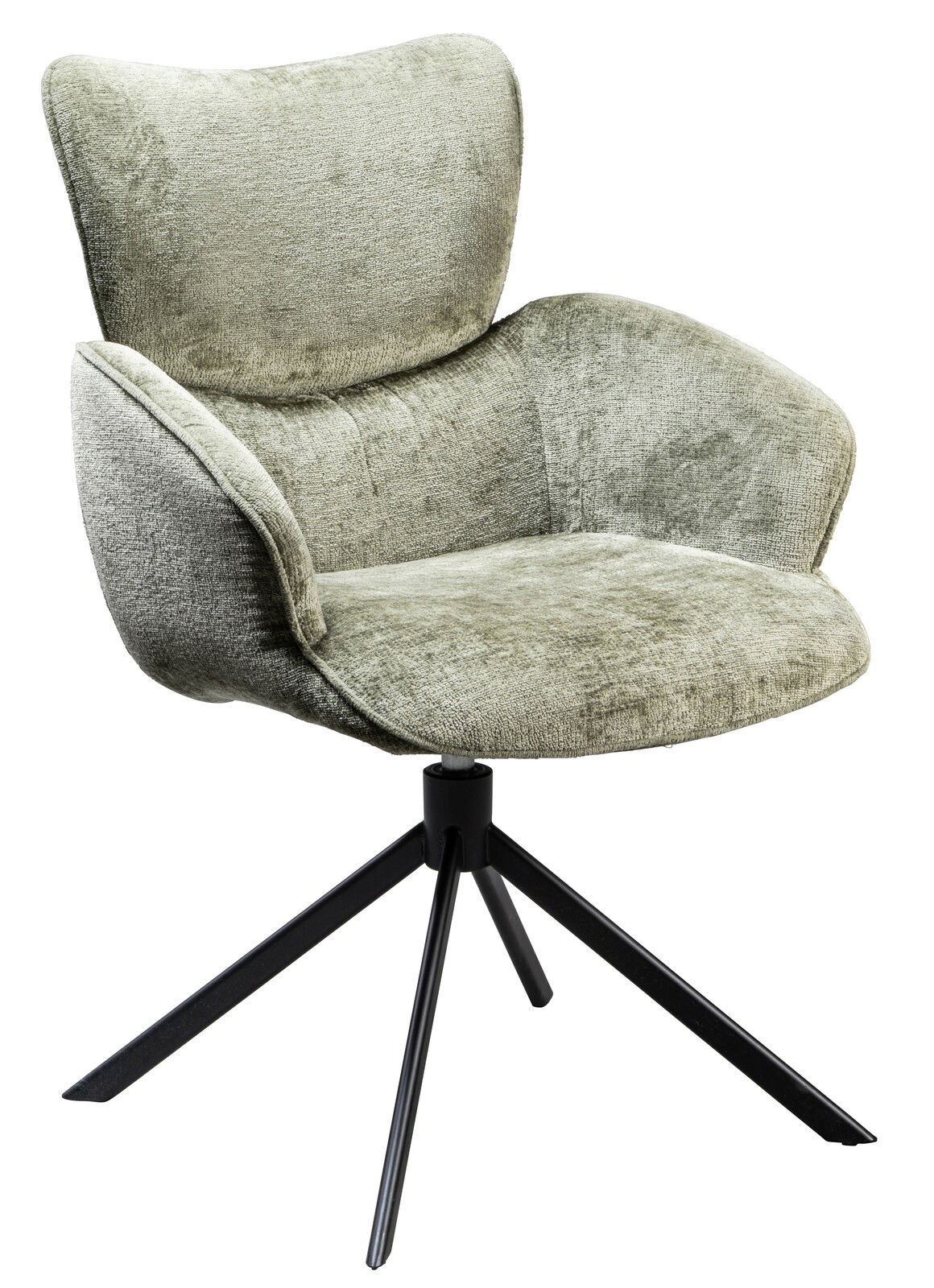 Novel Armlehnstuhl DAVE Grüner Armlehnstuhl mit weichem Stoffbezug und schwarzem Metallgestell, seitliche Perspektive