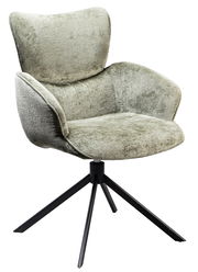 Grüner Armlehnstuhl mit weichem Stoffbezug und schwarzem Metallgestell, seitliche Perspektive