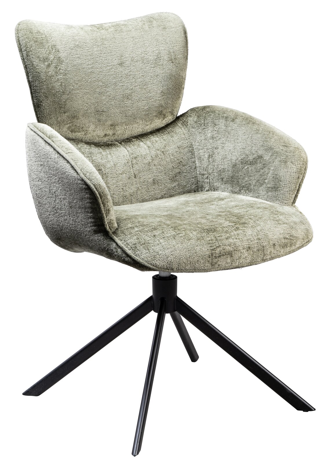 Novel Armlehnstuhl DAVE Grüner Armlehnstuhl mit weichem Stoffbezug und schwarzem Metallgestell, seitliche Perspektive