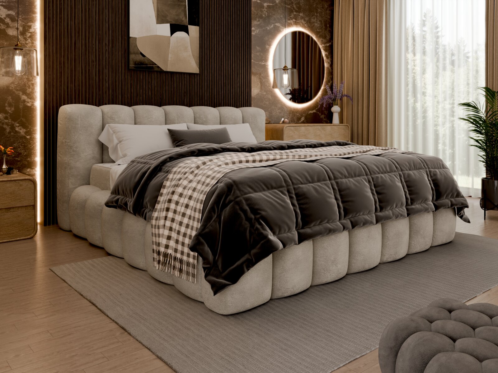 Een gestoffeerd bed in een stijlvolle slaapkamer, gezien vanaf de zijkant, met een zachte, gestoffeerde structuur en elegant beddengoed.