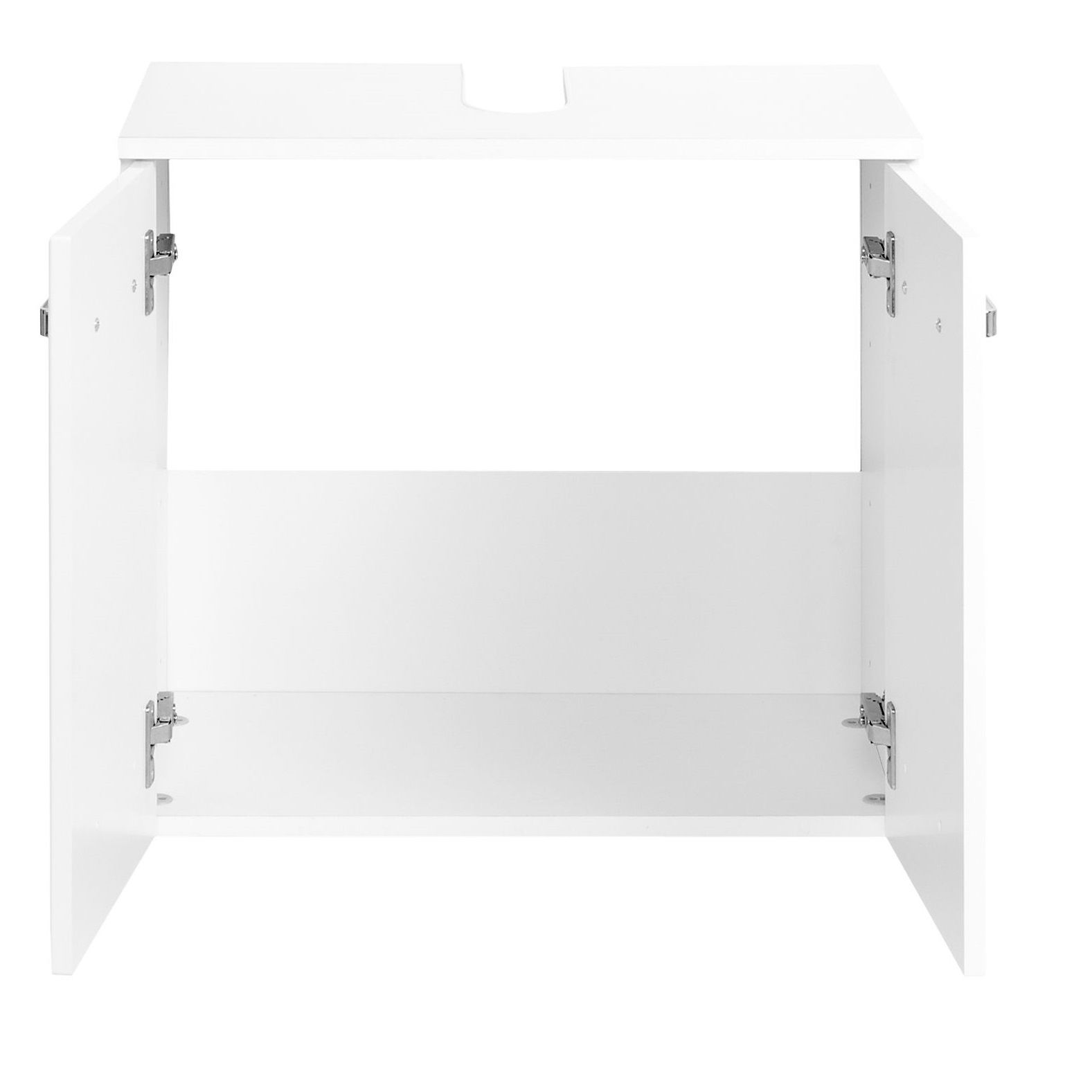 Weißer Waschbeckenunterschrank mit offenen Türen, Frontalansicht