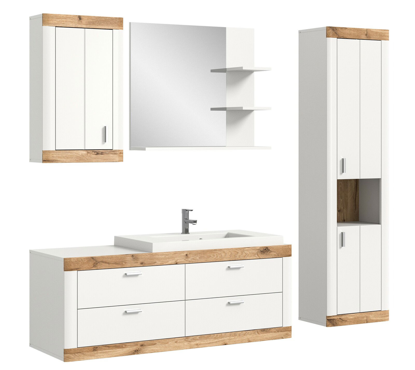 MID.YOU Badkombination LAREDO Moderne Badkombination in Weiß mit Holzdetails, bestehend aus einem Waschbeckenunterschrank, einem Spiegel mit Regalen und zwei Hochschränken, frontal betrachtet.