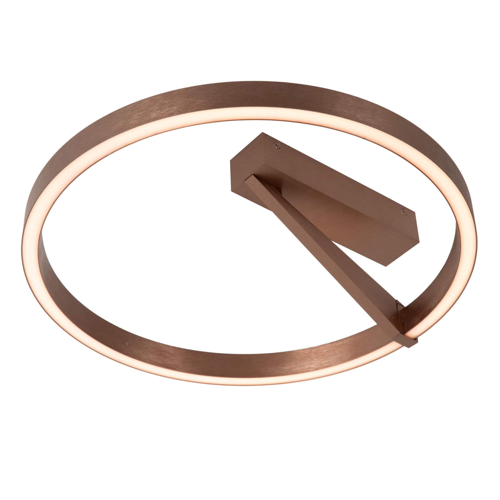 Runde LED-Deckenleuchte in Ringform mit bronzefarbenem Metallrahmen und warmweißem Licht, schräg von unten in perspektivischer Ansicht auf weißem Hintergrund