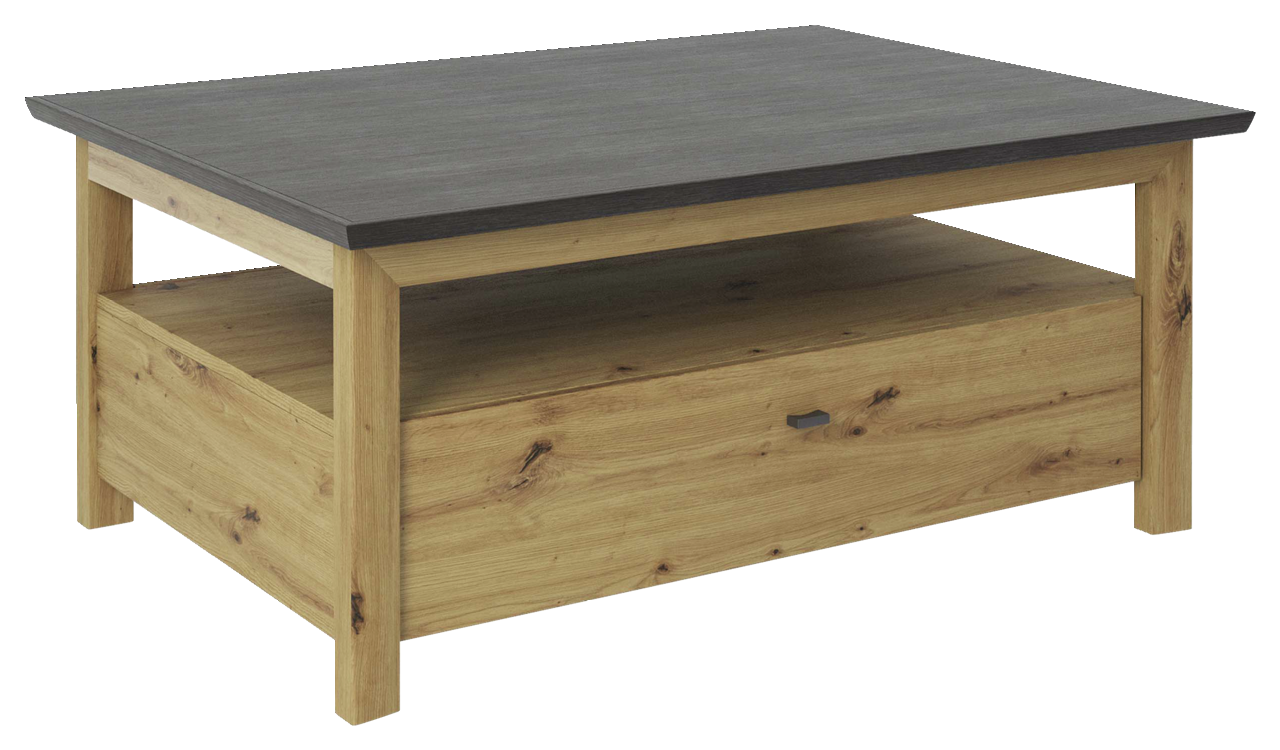 Hom´in Couchtisch BENTON Moderner Couchtisch aus Holz mit dunkler Tischplatte und Schublade, seitliche Perspektive