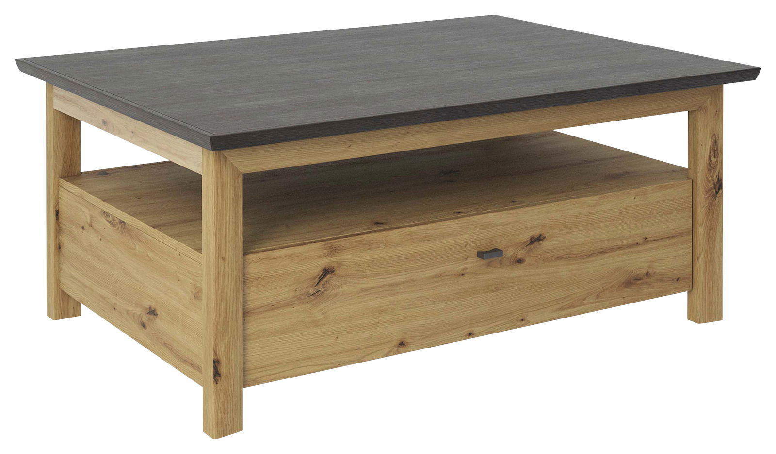 Moderner Couchtisch aus Holz mit dunkler Tischplatte und Schublade, seitliche Perspektive