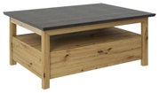 Moderne houten salontafel met donker tafelblad en lade, zijaanzicht