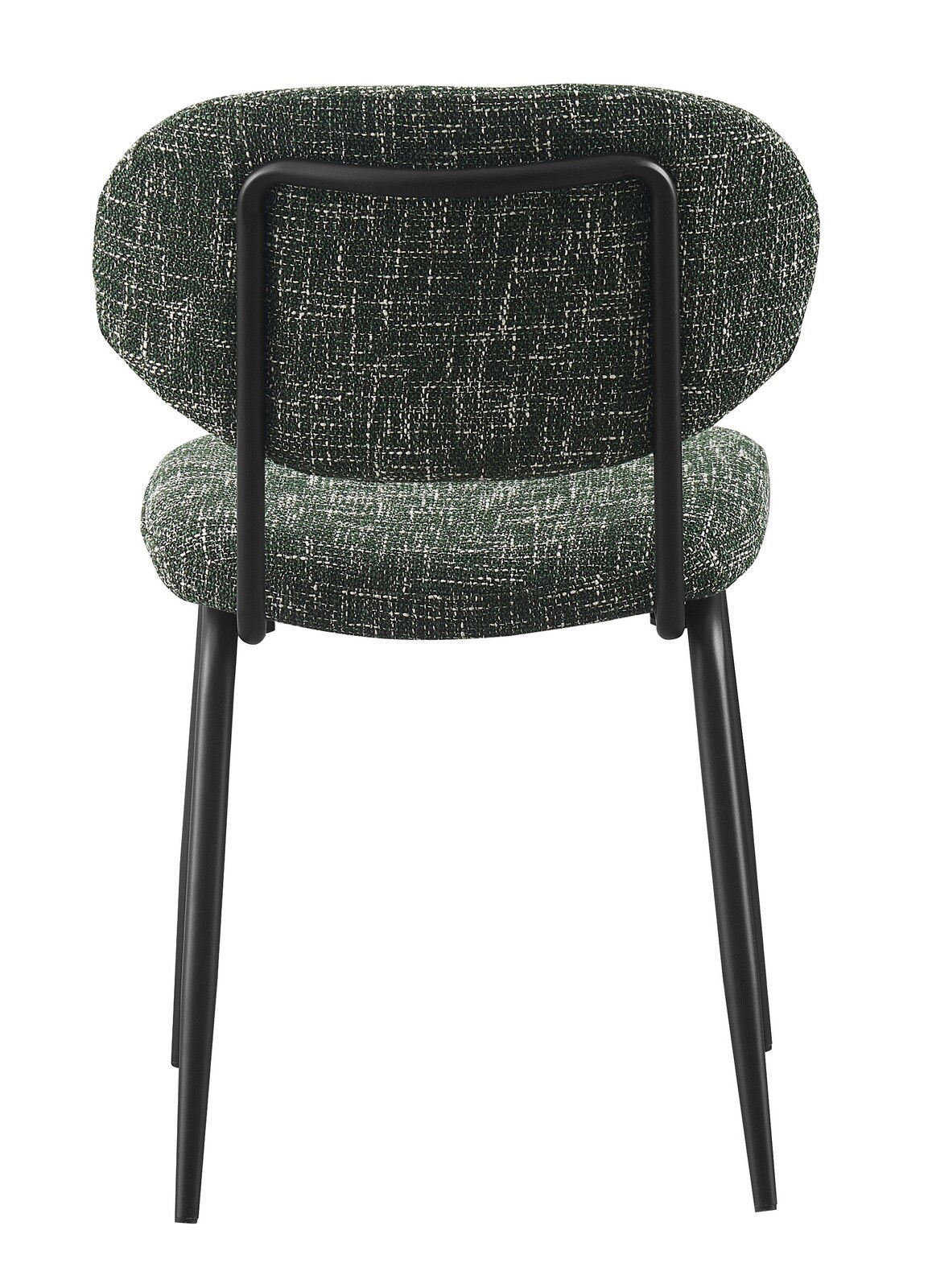 Rückansicht eines modernen Stuhls mit schwarzem Metallrahmen und grünem, gemustertem Polster.