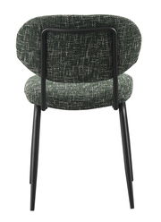 Rückansicht eines modernen Stuhls mit schwarzem Metallrahmen und grünem, gemustertem Polster.