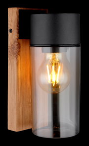 Moderne Außenleuchte mit Holz- und Glaselementen, seitliche Perspektive