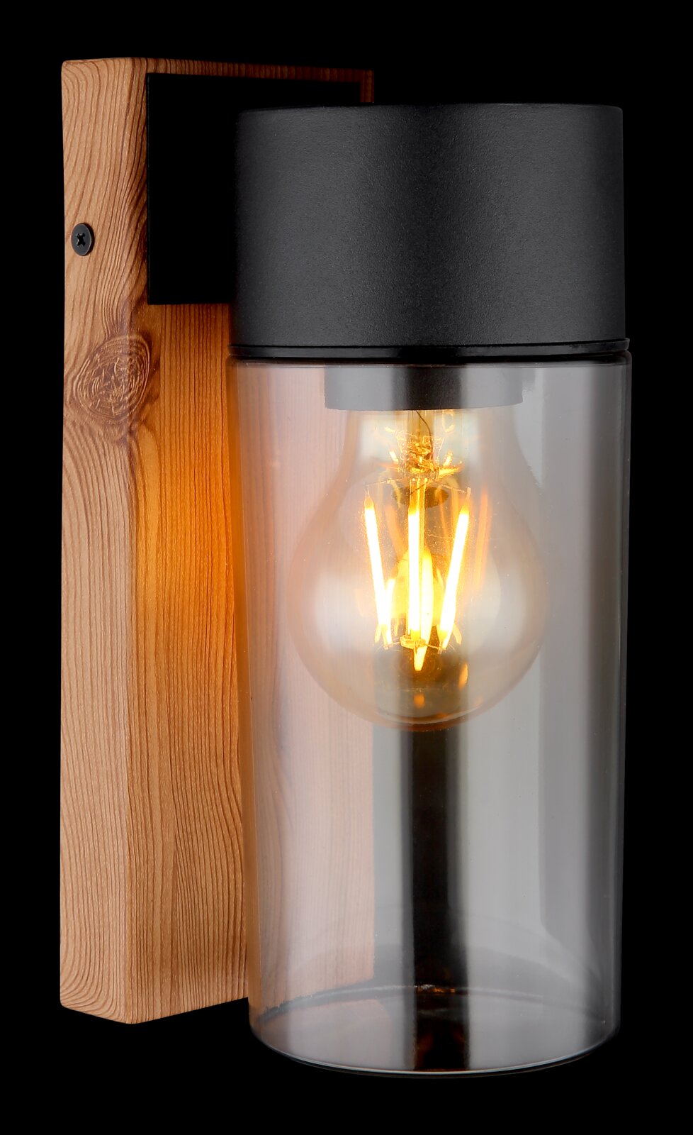 Moderne Außenleuchte mit Holz- und Glaselementen, seitliche Perspektive