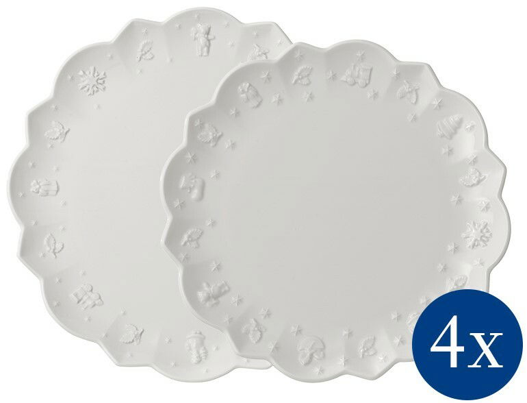 Zwei weiße Teller mit weihnachtlichen Motiven am Rand, von oben betrachtet, 4er-Set.