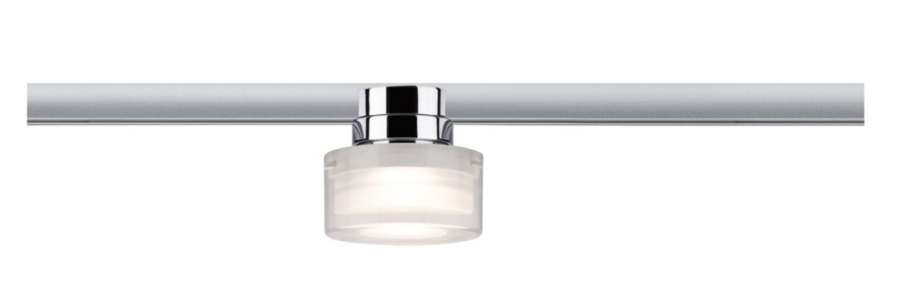 Schienenspot Topa von PAULMANN, montiert an einer Schiene, aus seitlicher Perspektive fotografiert. Der Spot hat ein modernes, zylindrisches Design mit einem transparenten Lampenschirm.