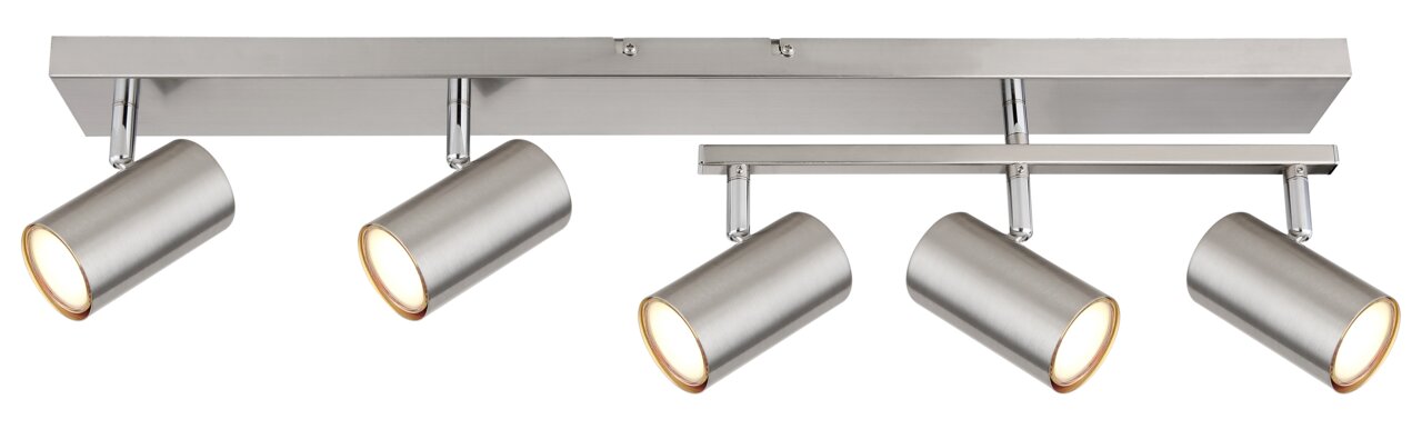 Moderne Deckenleuchte mit vier verstellbaren Strahlern in Edelstahloptik, seitliche Perspektive