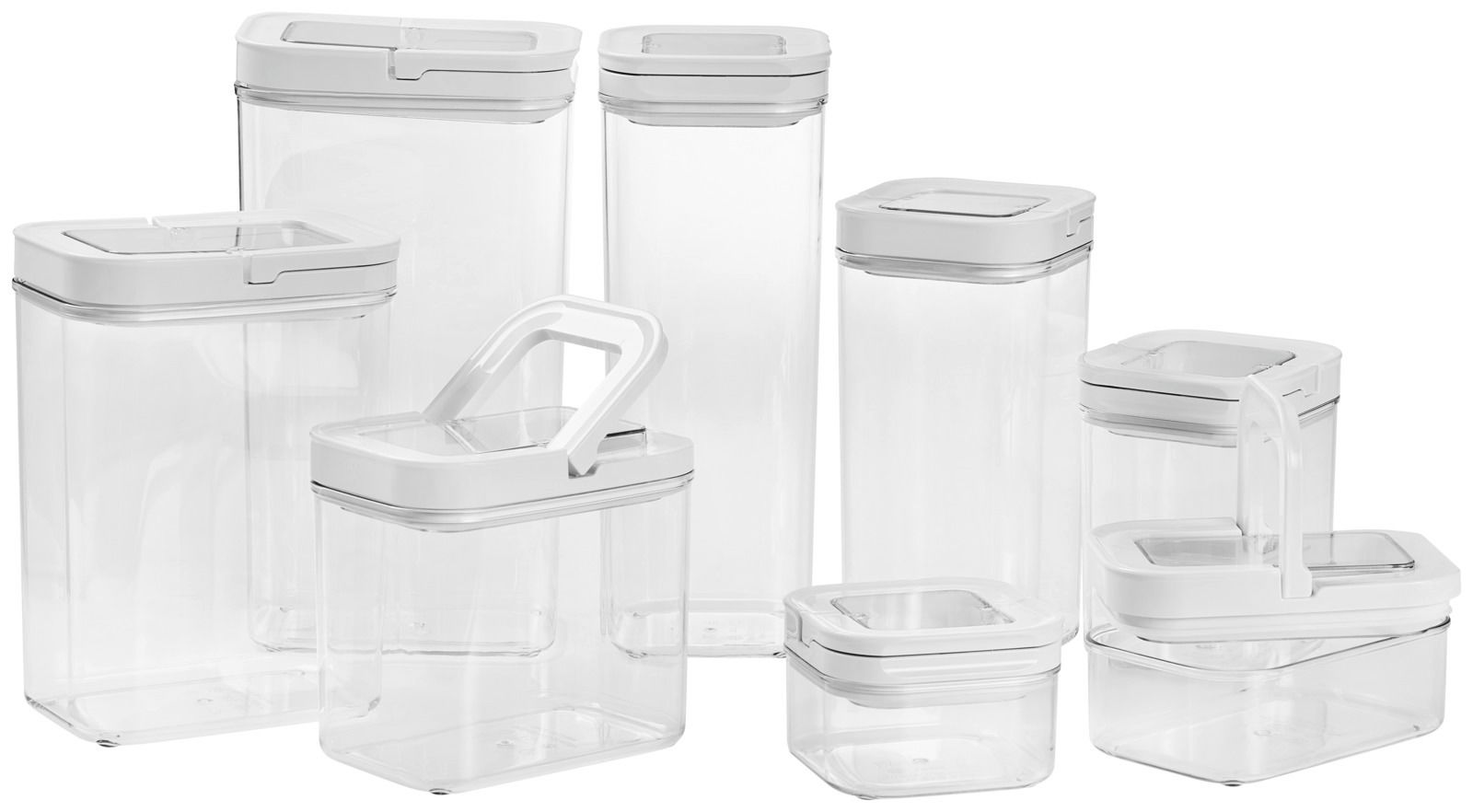 Homeware Vorratsdosen Set 8-tlg Vorratsdosen Set 8-tlg aus transparentem Kunststoff mit weißen Deckeln, seitliche Perspektive